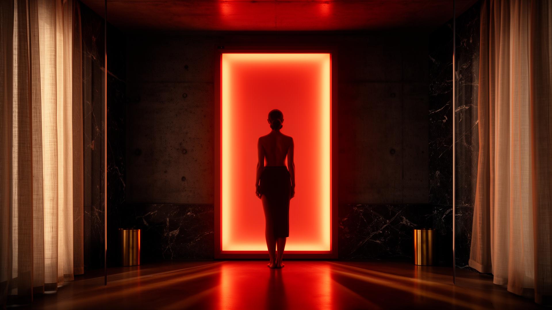 Lyxig red light therapy-panel i ett mörkt wellness-rum